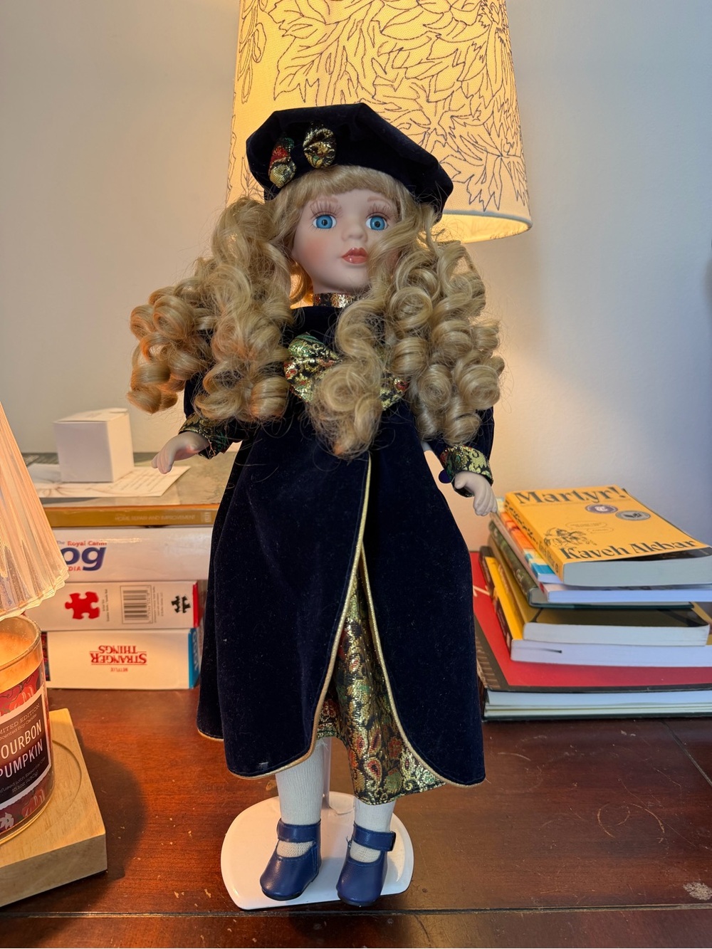 Collectible Blonde Curly-Hair Porcelain Doll in Navy and Gold - Picture 1 of 7